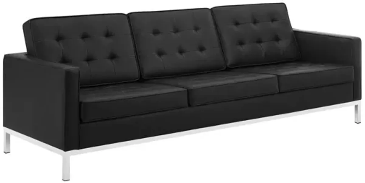 Loft Tufted Upholstered Faux Leather Sofa in Silver Black