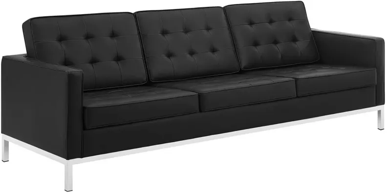 Loft Tufted Upholstered Faux Leather Sofa in Silver Black