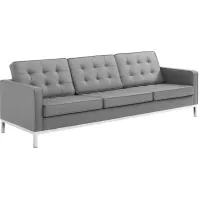Loft Tufted Upholstered Faux Leather Sofa in Silver Gray
