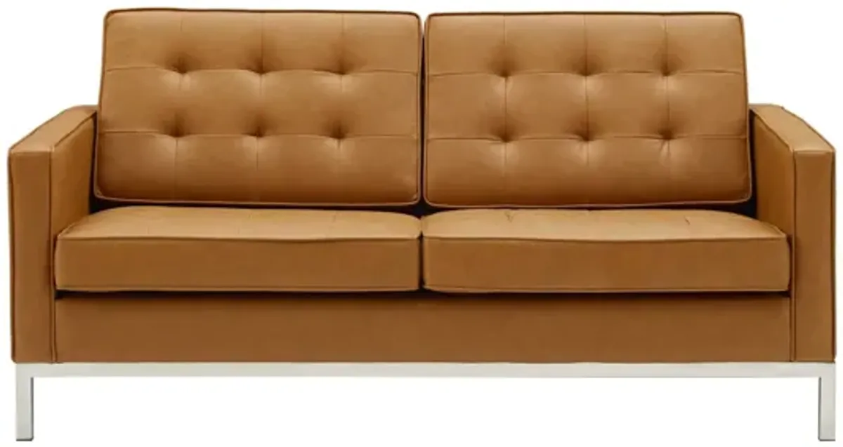 Loft Tufted Upholstered Faux Leather Loveseat in Silver Tan