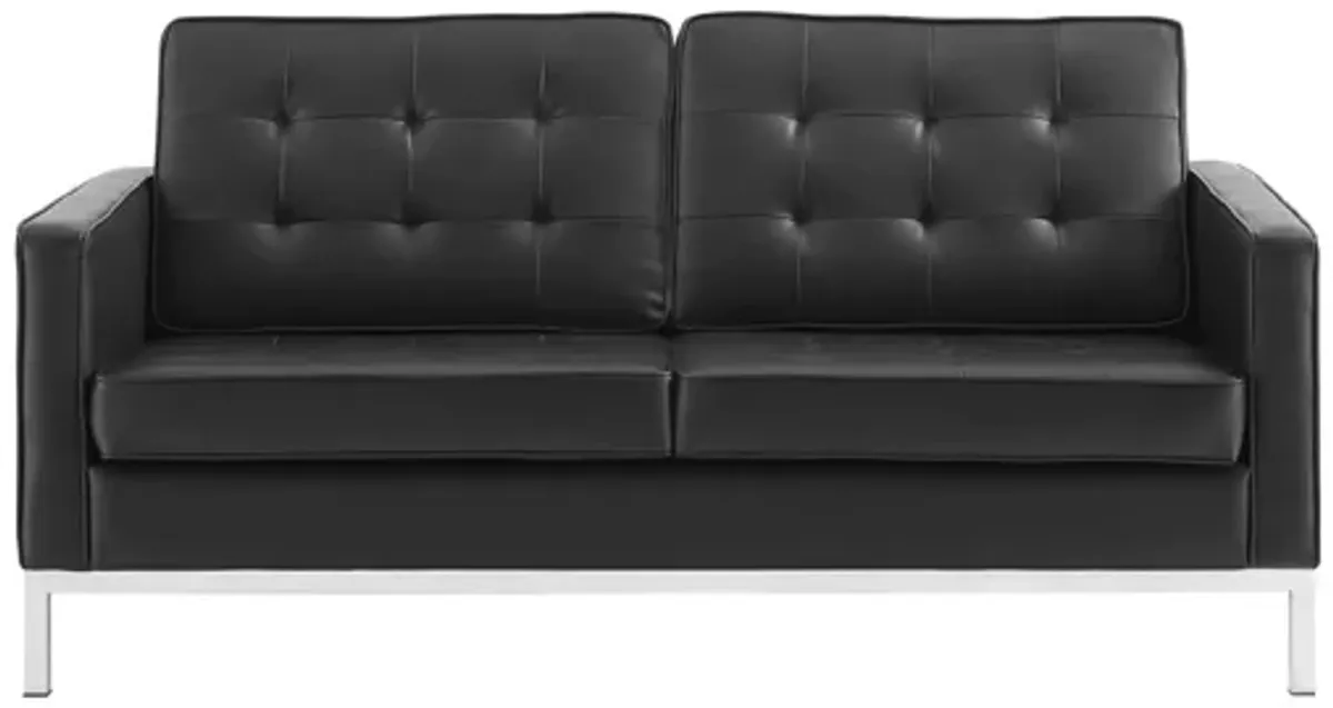 Loft Tufted Upholstered Faux Leather Loveseat in Silver Black