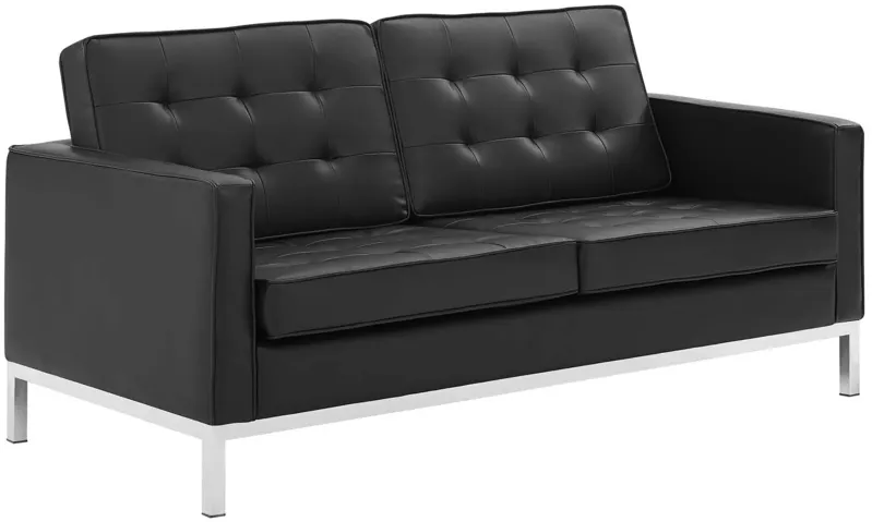 Loft Tufted Upholstered Faux Leather Loveseat in Silver Black