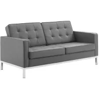 Loft Tufted Upholstered Faux Leather Loveseat in Silver Gray