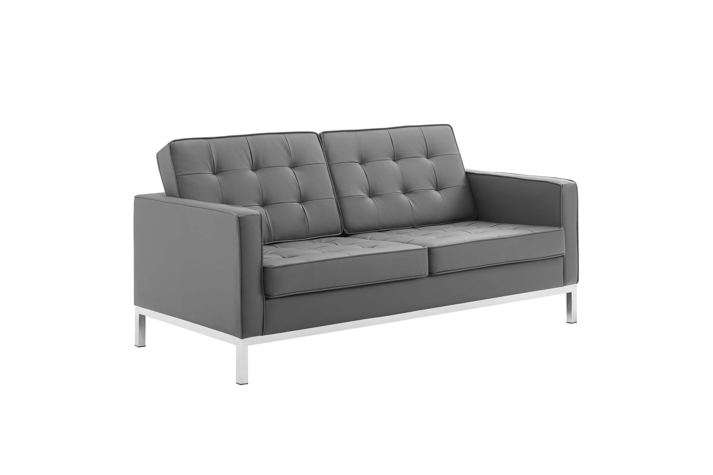 Loft Tufted Upholstered Faux Leather Loveseat in Silver Gray