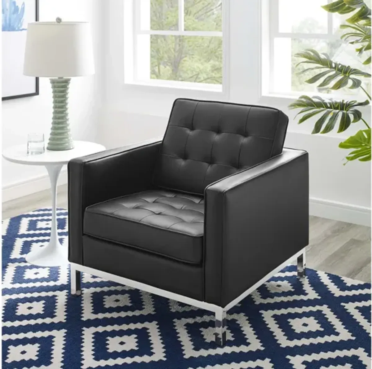 Loft Tufted Upholstered Faux Leather Armchair in Silver Black