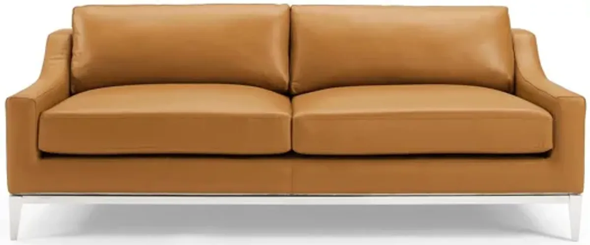 Harness 83.5" Stainless Steel Base Leather Sofa in Tan