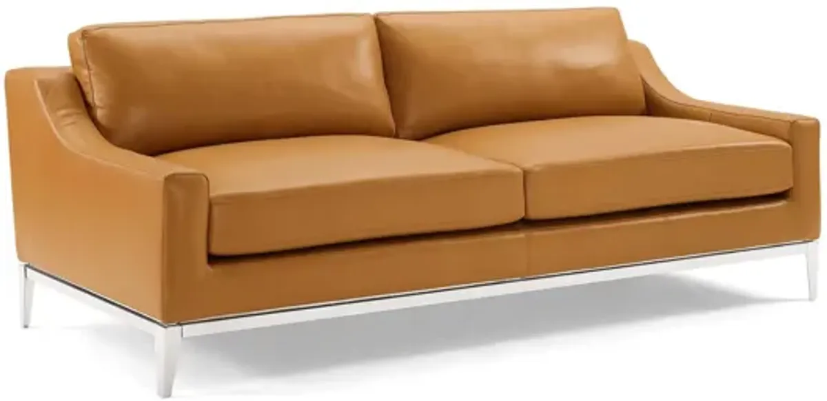 Harness 83.5" Stainless Steel Base Leather Sofa in Tan