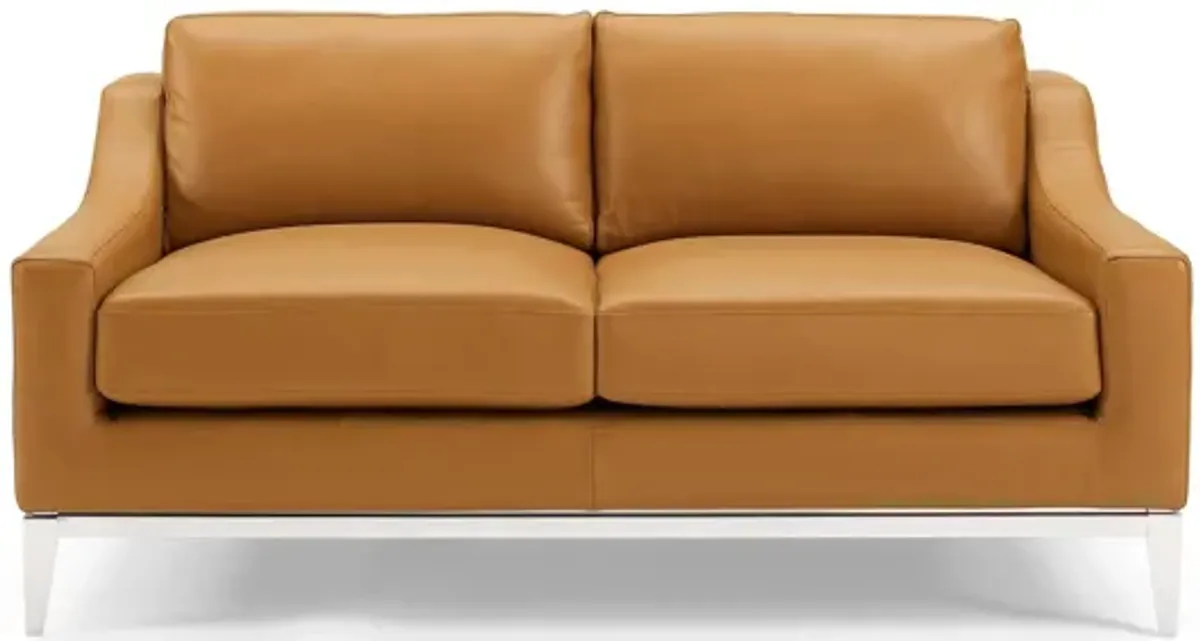 Harness 64" Stainless Steel Base Leather Loveseat in Tan