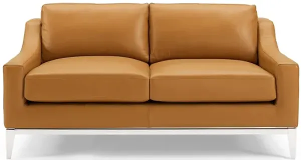 Harness 64" Stainless Steel Base Leather Loveseat in Tan