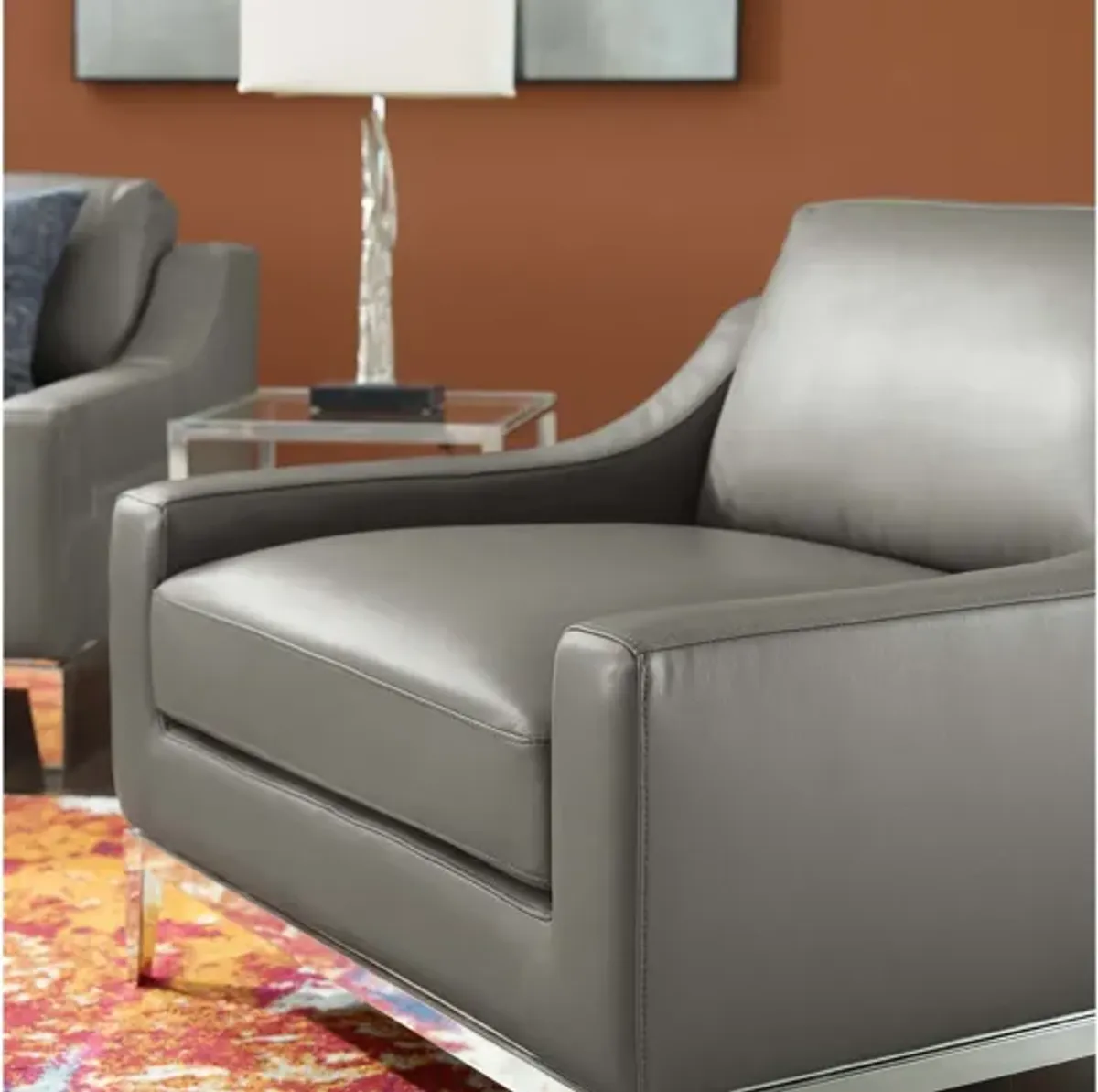 Harness Stainless Steel Base Leather Armchair in Gray