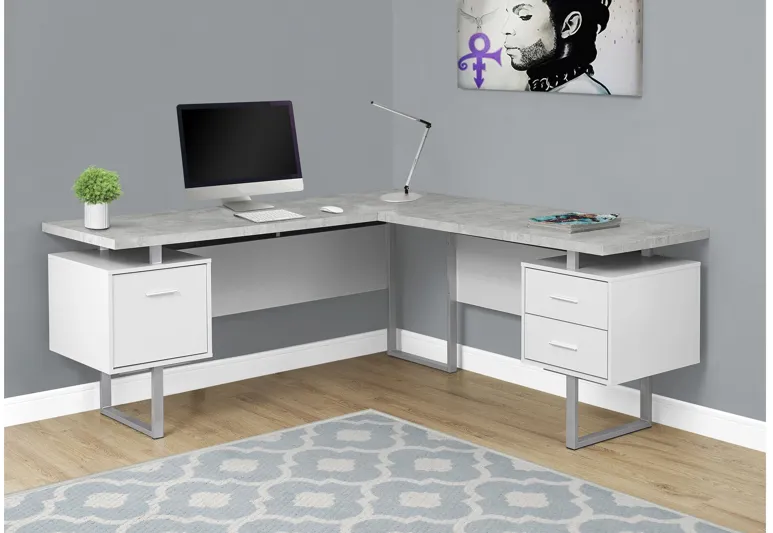 Computer Desk - 70"L White / Cement-Look Left/Right Face