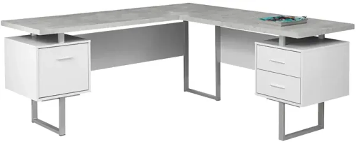 Computer Desk - 70"L White / Cement-Look Left/Right Face