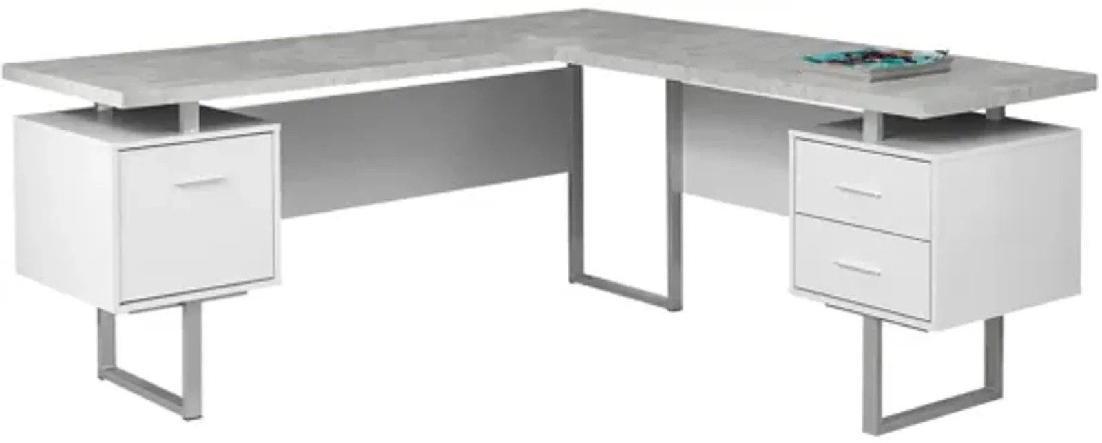 Computer Desk - 70"L White / Cement-Look Left/Right Face