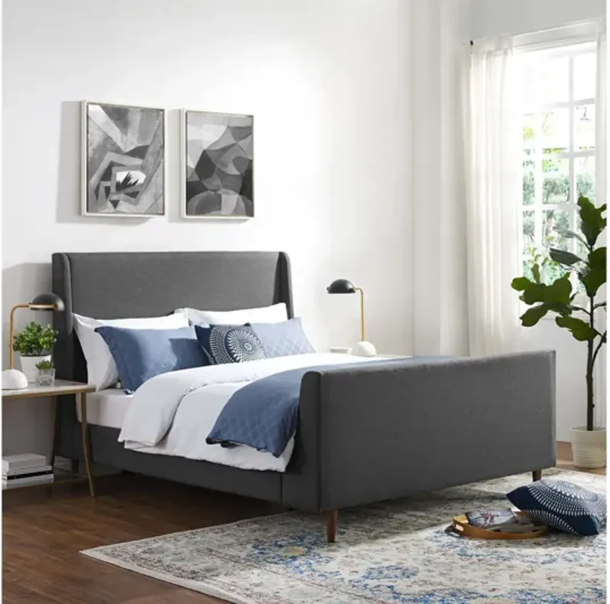 Aubree Queen Upholstered Fabric Sleigh Platform Bed in Gray