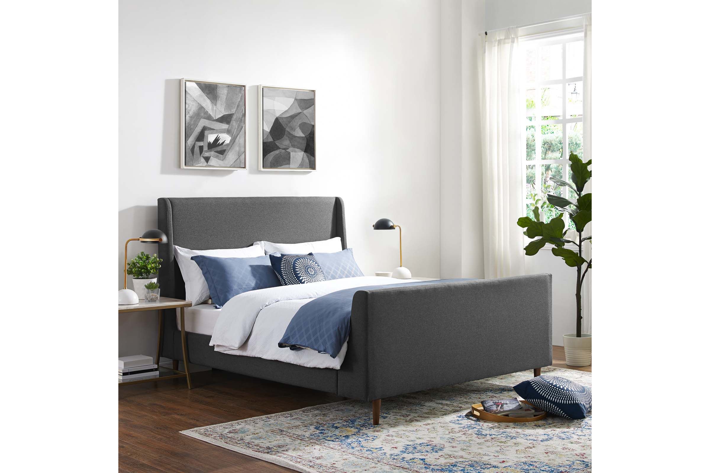 Aubree Queen Upholstered Fabric Sleigh Platform Bed in Gray