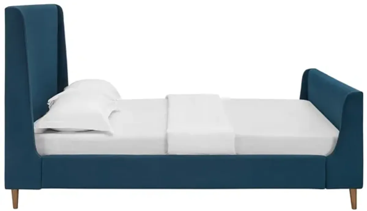 Aubree Queen Upholstered Fabric Sleigh Platform Bed in Azure