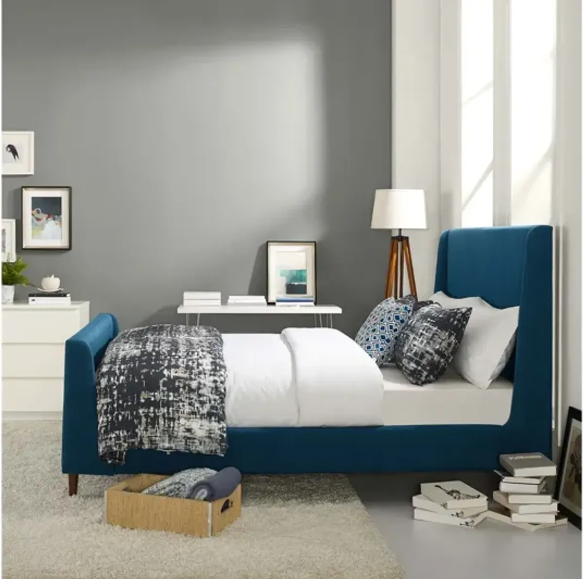 Aubree Queen Upholstered Fabric Sleigh Platform Bed in Azure