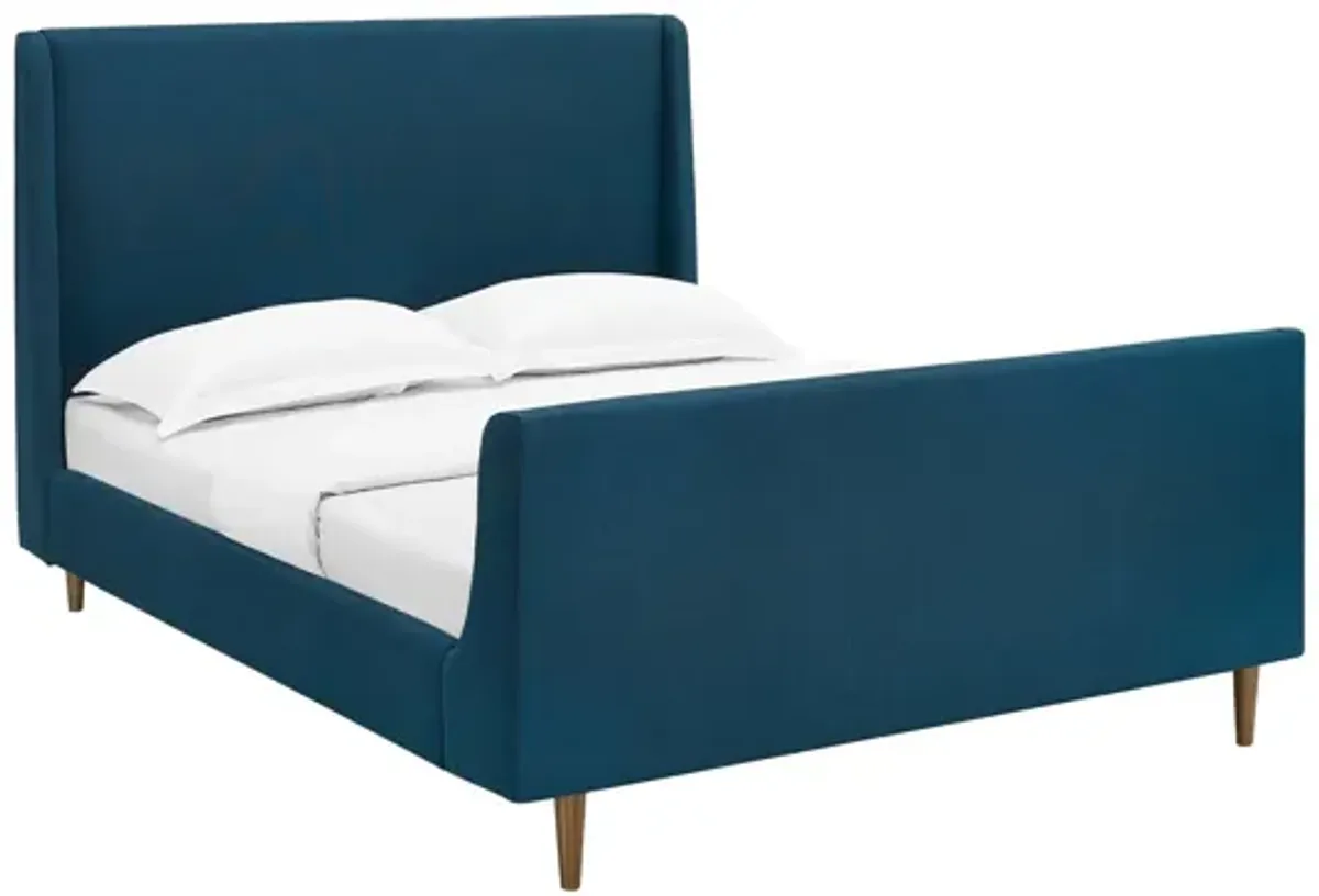 Aubree Queen Upholstered Fabric Sleigh Platform Bed in Azure