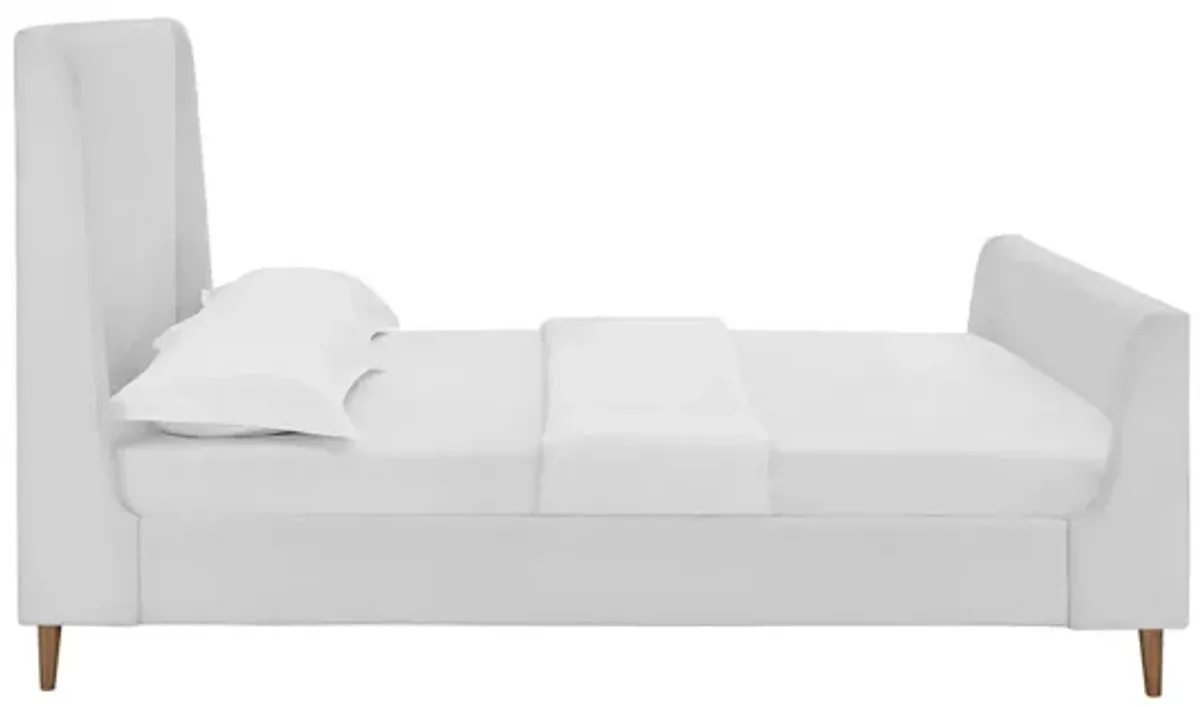 Aubree Queen Upholstered Fabric Sleigh Platform Bed in White