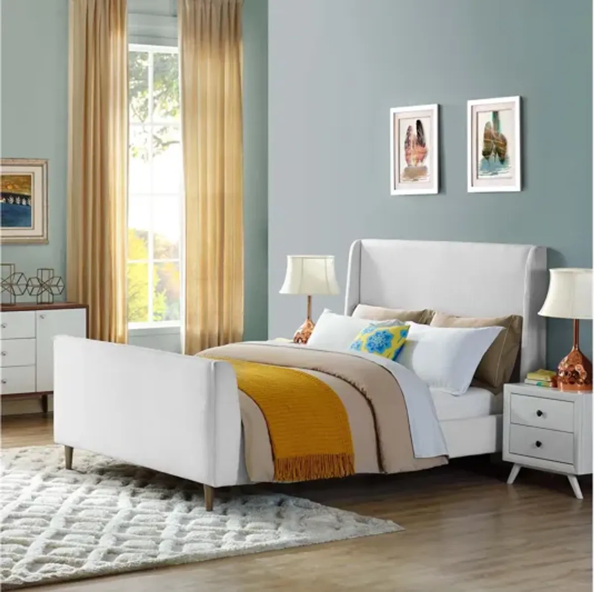 Aubree Queen Upholstered Fabric Sleigh Platform Bed in White