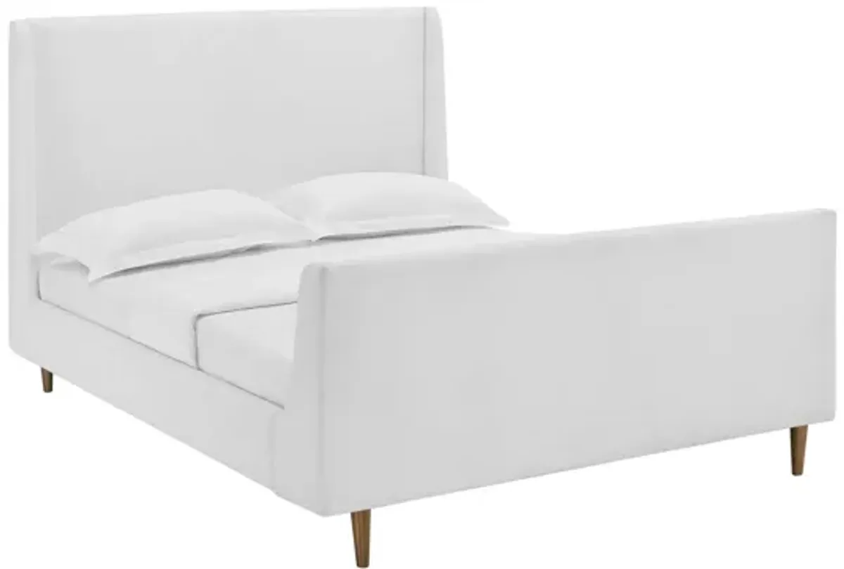 Aubree Queen Upholstered Fabric Sleigh Platform Bed in White