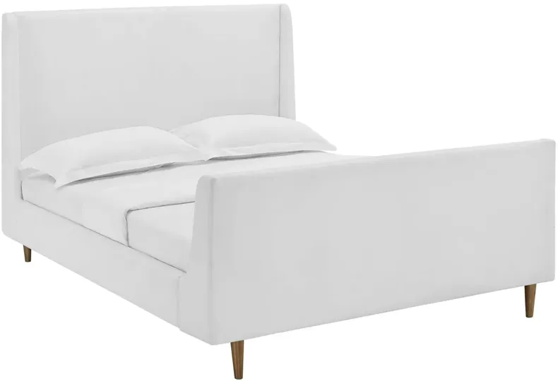 Aubree Queen Upholstered Fabric Sleigh Platform Bed in White