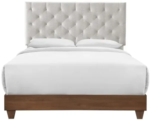 Rhiannon Diamond Tufted Upholstered Fabric Queen Bed in Walnut Beige