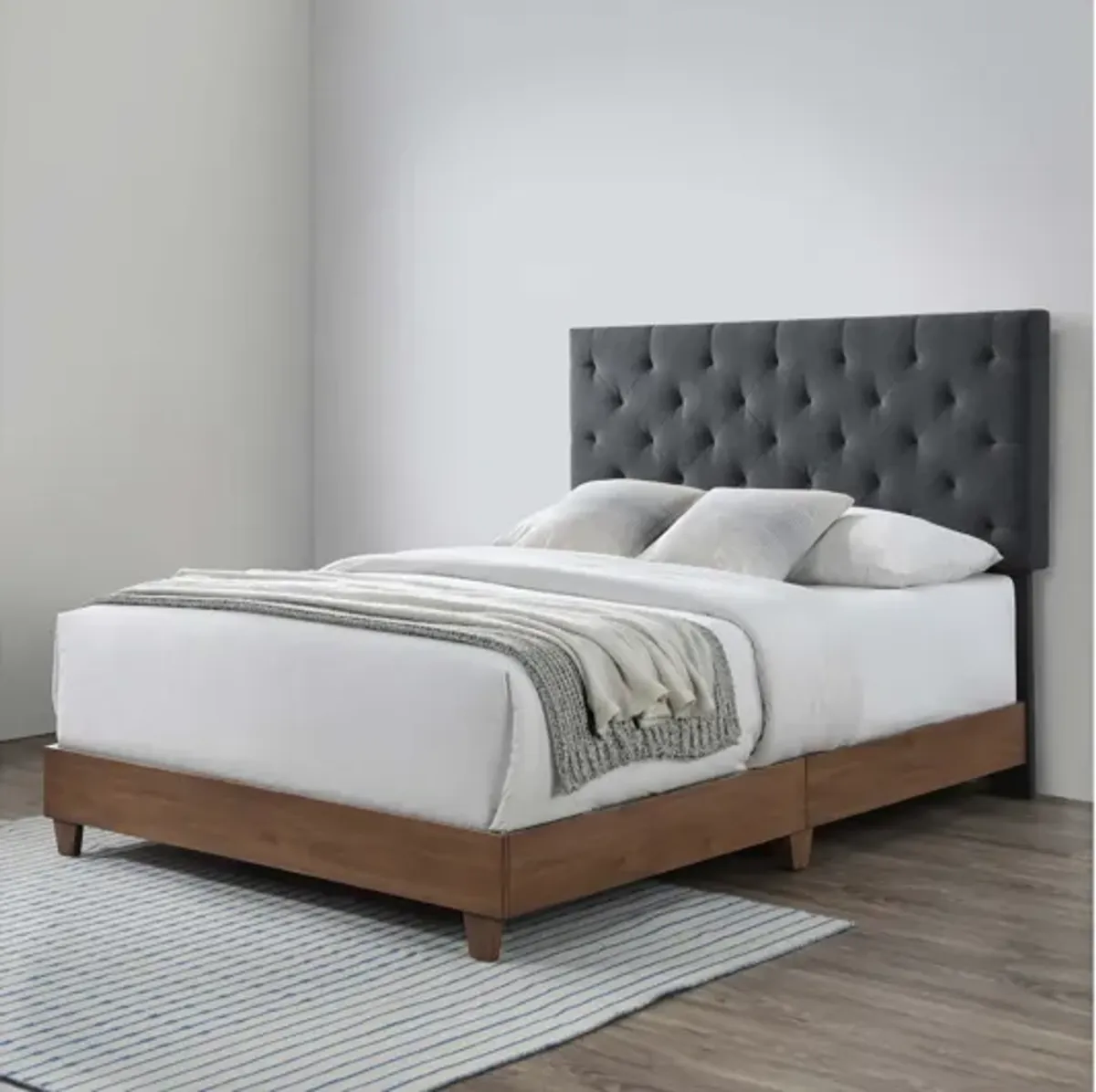 Rhiannon Diamond Tufted Upholstered Fabric Queen Bed in Walnut Gray