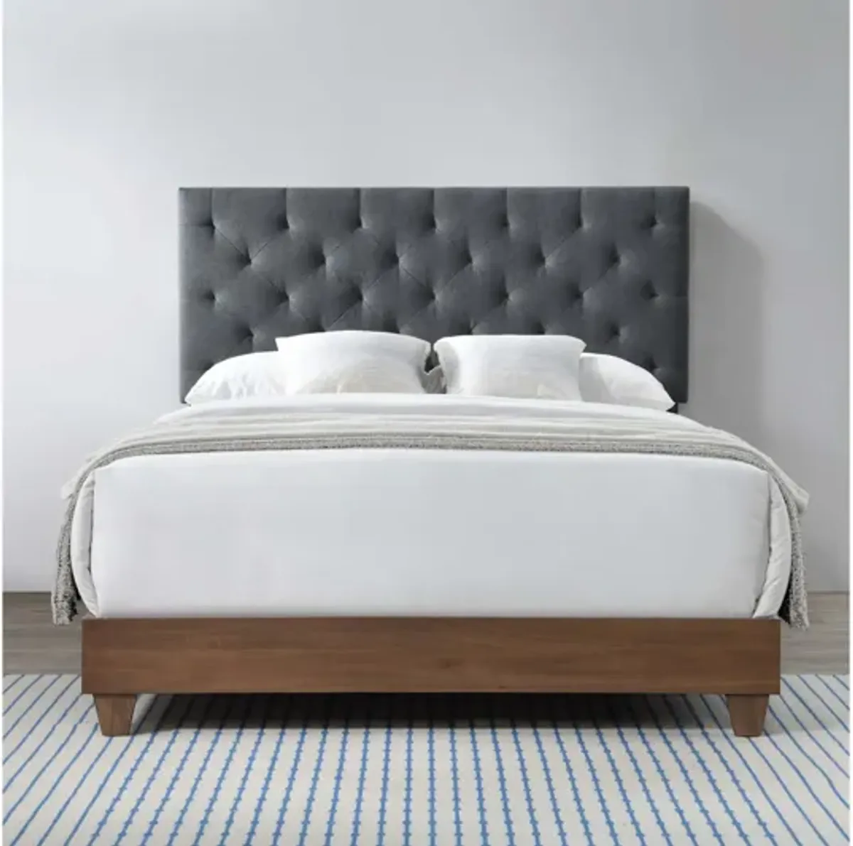 Rhiannon Diamond Tufted Upholstered Fabric Queen Bed in Walnut Grey
