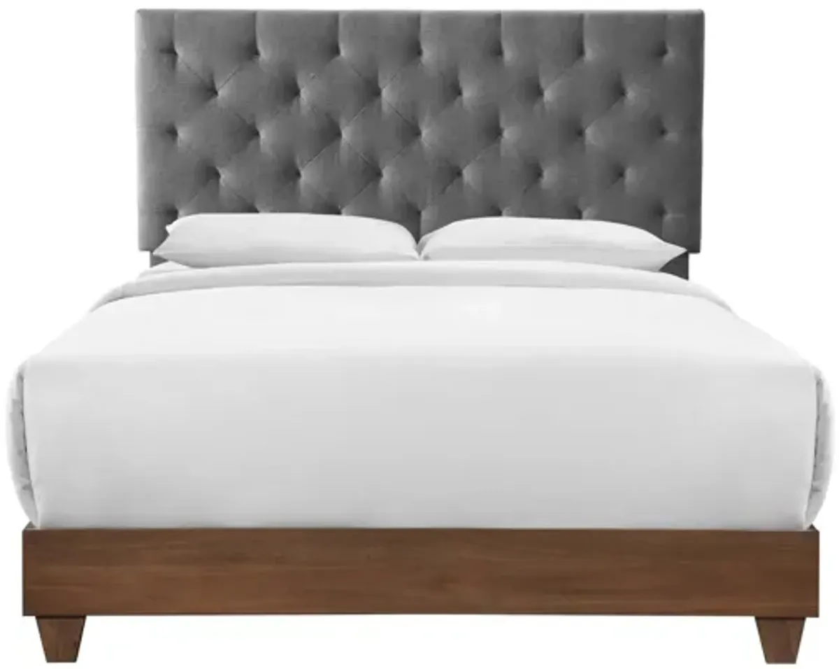 Rhiannon Diamond Tufted Upholstered Fabric Queen Bed in Walnut Grey