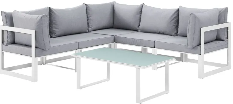 Fortuna 6 Piece Outdoor Patio Sectional Sofa Set in White Gray