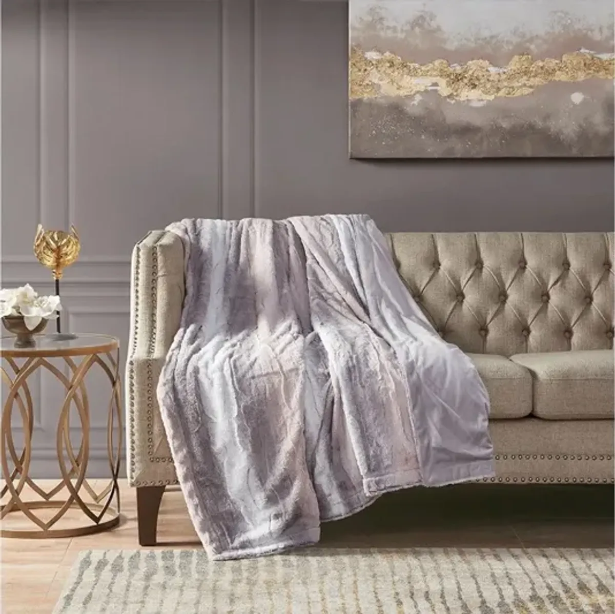 Zuri Oversized Faux Fur Throw in Blush & Grey