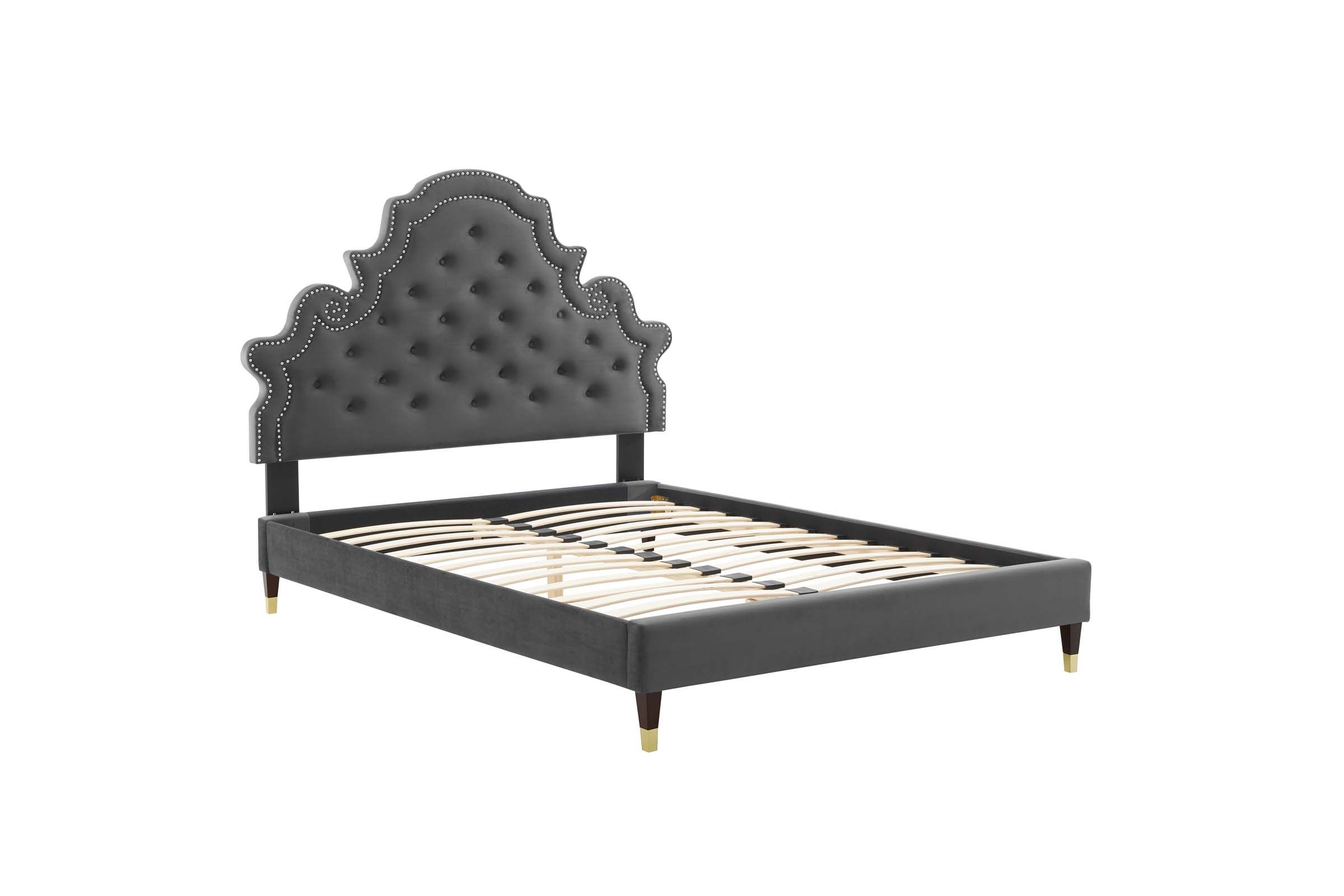 Tufted Performance Velvet Queen Platform Bed in Charcoal