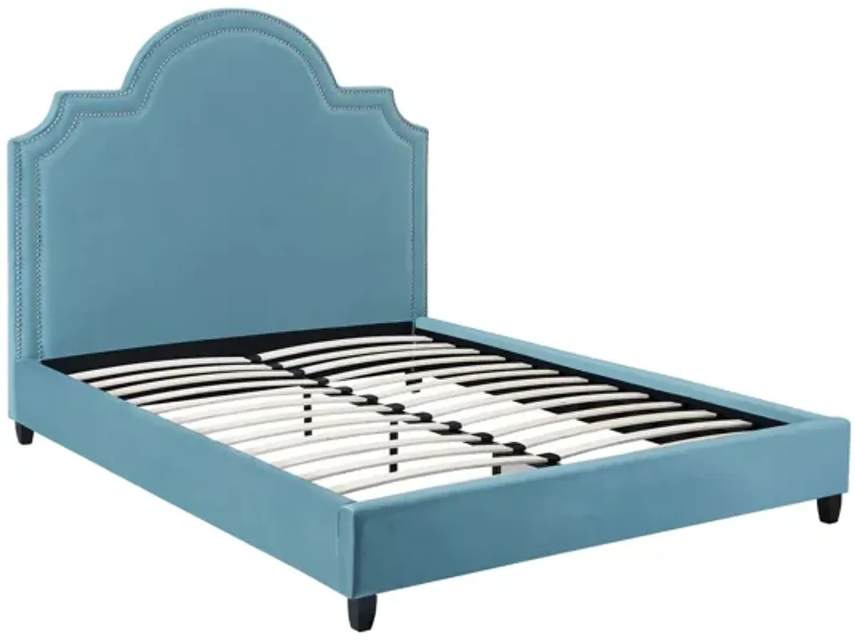 Primrose Queen Performance Velvet Platform Bed in Sea Blue