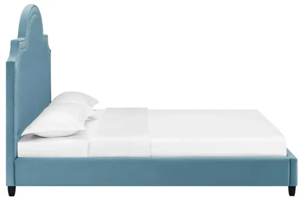 Primrose Queen Performance Velvet Platform Bed in Sea Blue