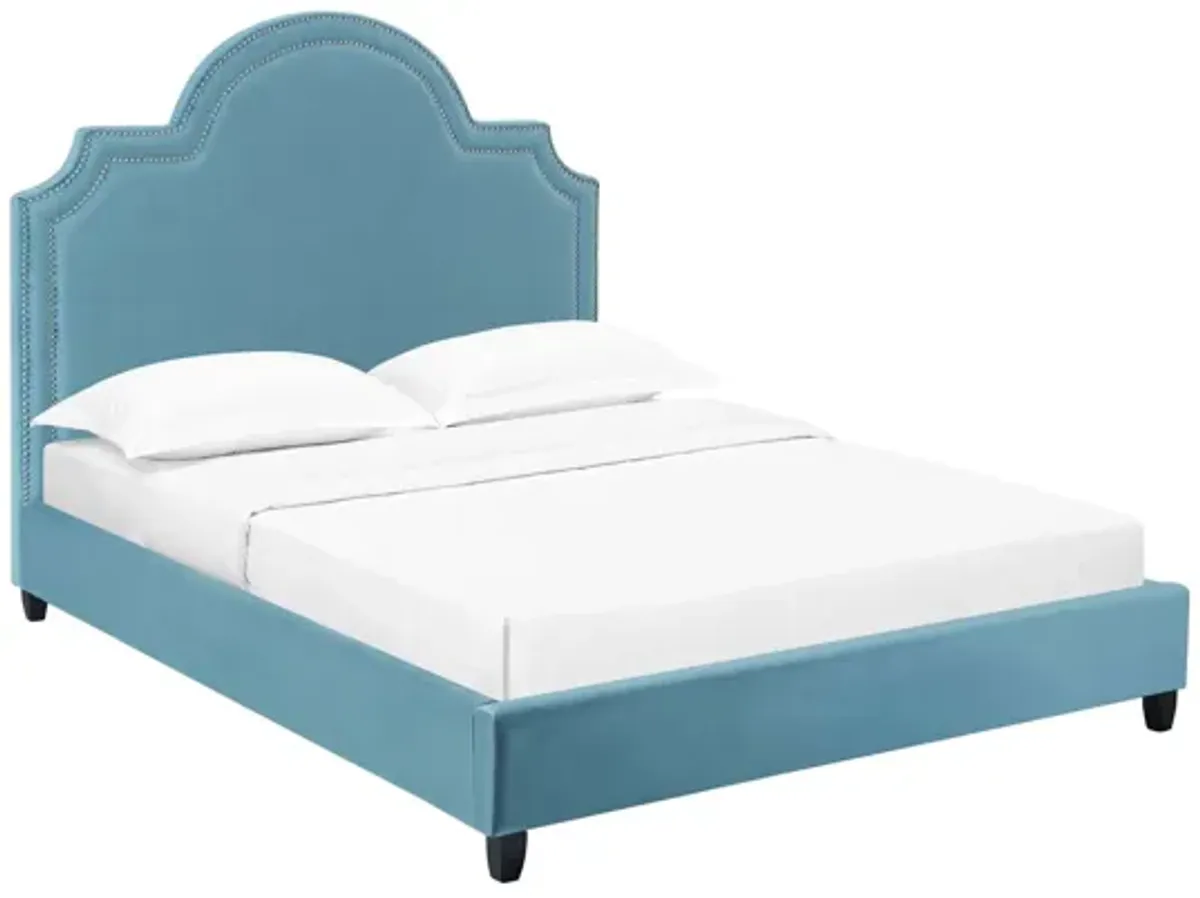 Primrose Queen Performance Velvet Platform Bed in Sea Blue