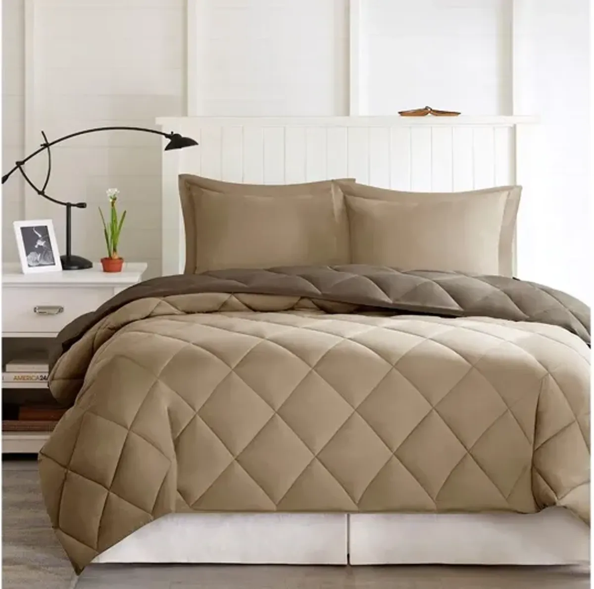 Larkspur 3M Scotchgard Diamond Quilting Reversible Down Alternative Full/Queen Comforter Set in Brown/Sand