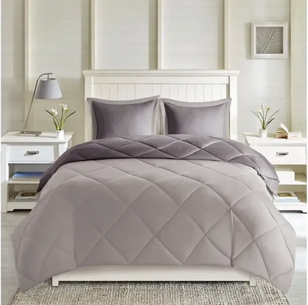 Larkspur 3M Scotchgard Diamond Quilting Reversible Down Alternative Full/Queen Comforter Set in Charcoal/Grey