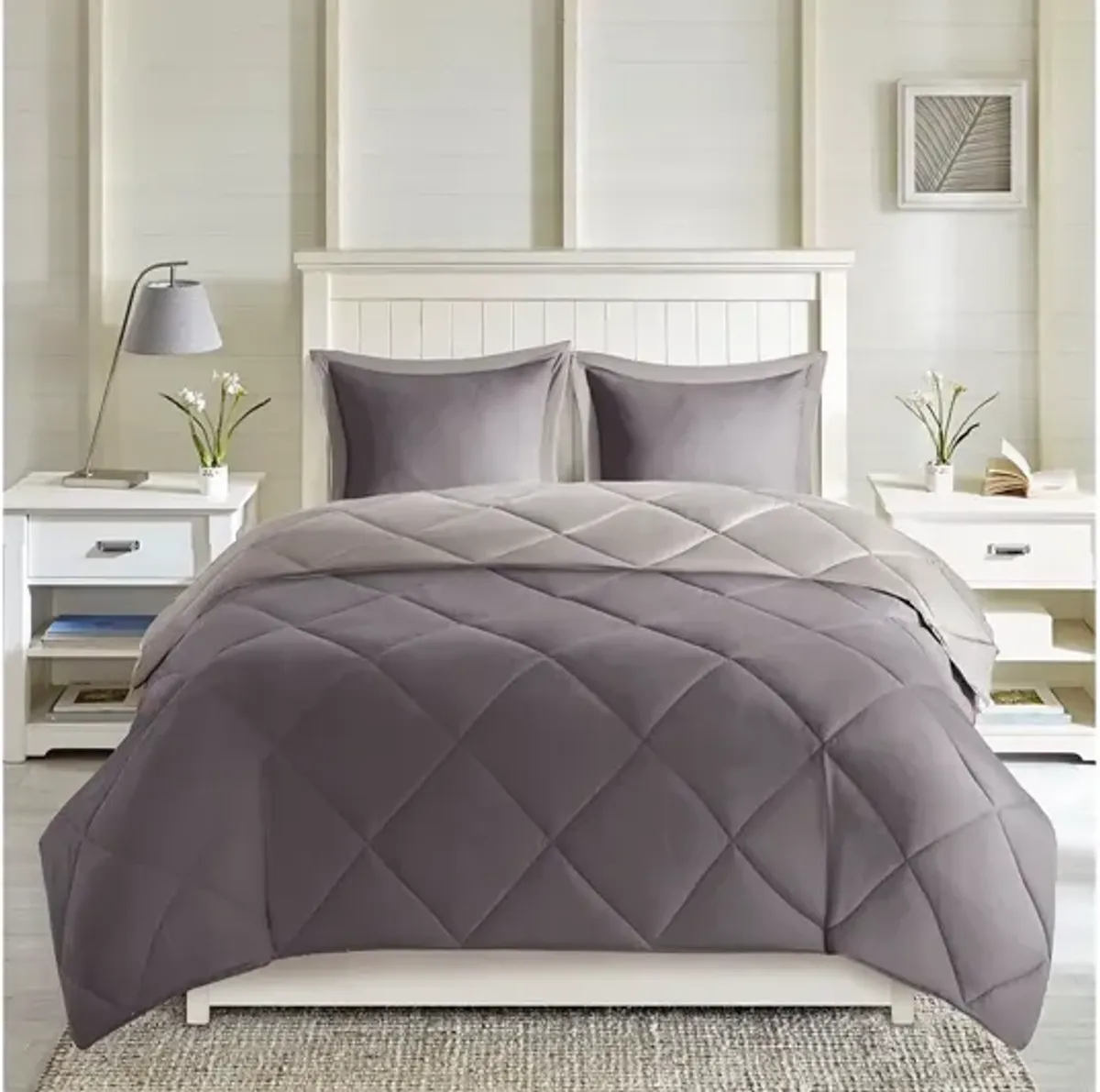 Larkspur 3M Scotchgard Diamond Quilting Reversible Down Alternative Full/Queen Comforter Set in Charcoal/Grey