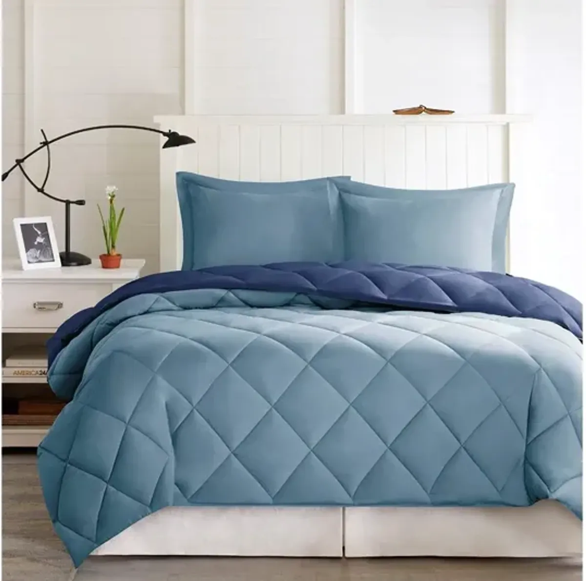 Larkspur 3M Scotchgard Diamond Quilting Reversible Down Alternative Full/Queen Comforter Set in Navy/Light Blue