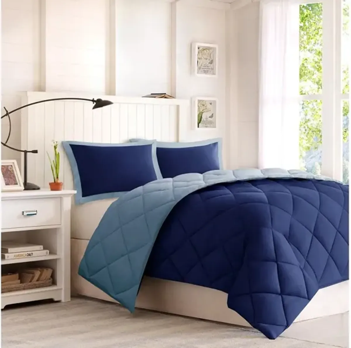 Larkspur 3M Scotchgard Diamond Quilting Reversible Down Alternative Full/Queen Comforter Set in Navy/Light Blue