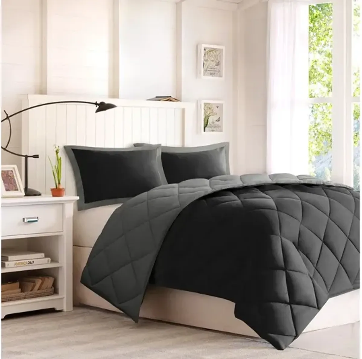 Larkspur 3M Scotchgard Diamond Quilting Reversible Down Alternative King Comforter Set in Black/Grey