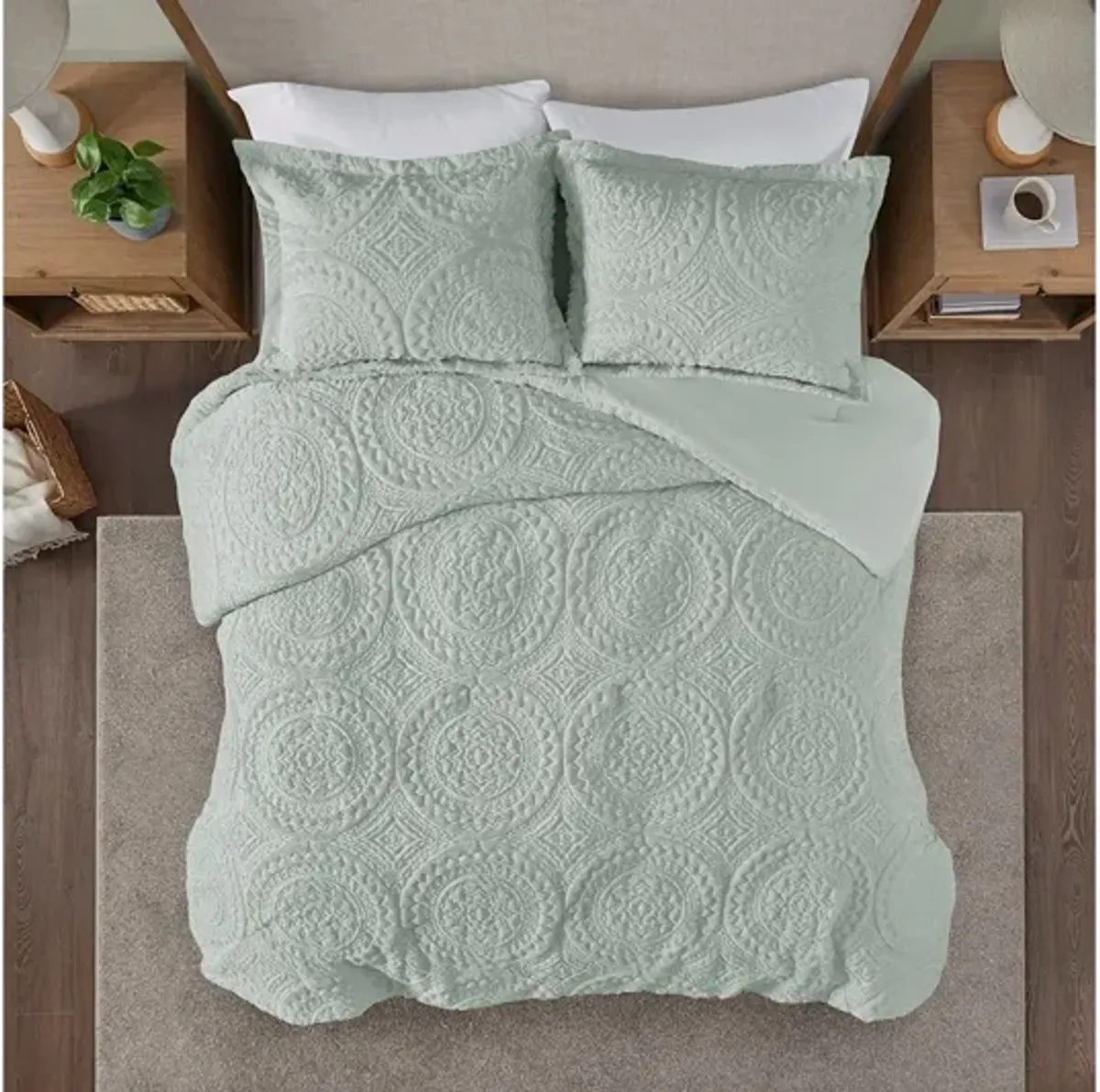 Arya Embroidered Medallion Faux Fur Aqua Ultra Plush Twin Comforter Mini Set