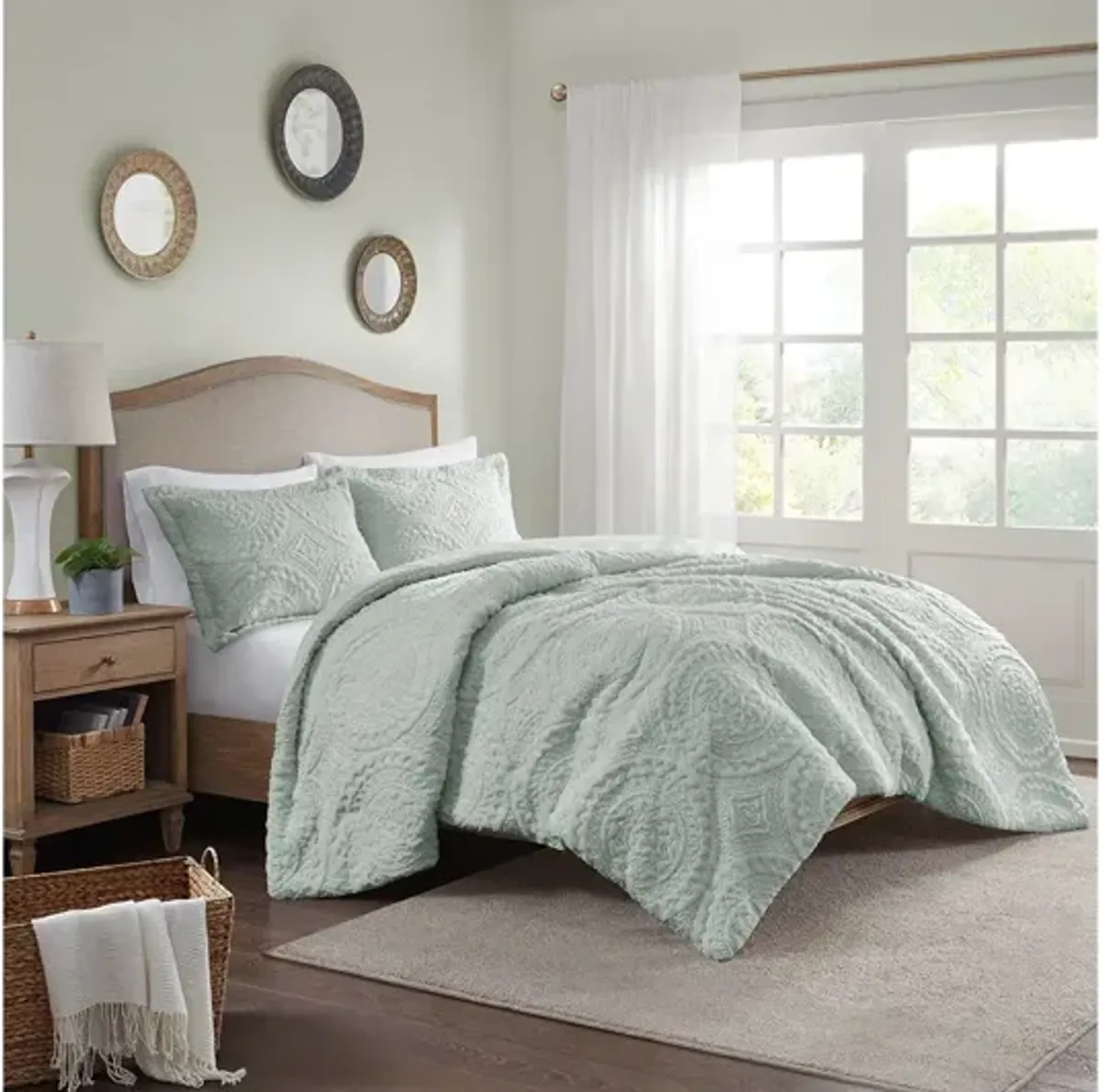 Arya Embroidered Medallion Faux Fur Aqua Ultra Plush Twin Comforter Mini Set