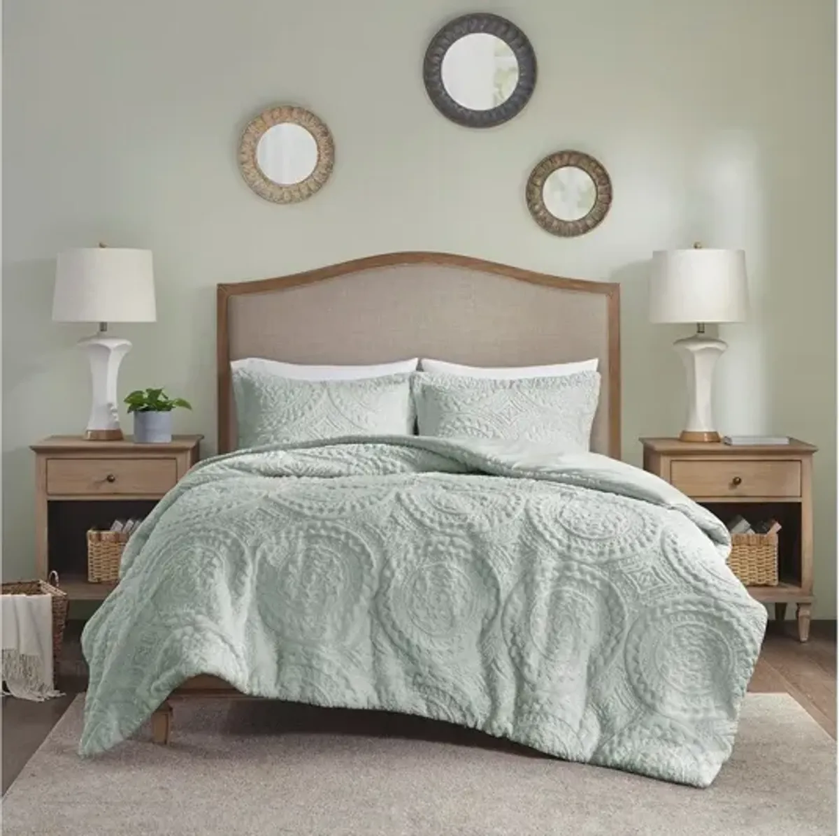 Arya Embroidered Medallion Faux Fur Aqua Ultra Plush Twin Comforter Mini Set