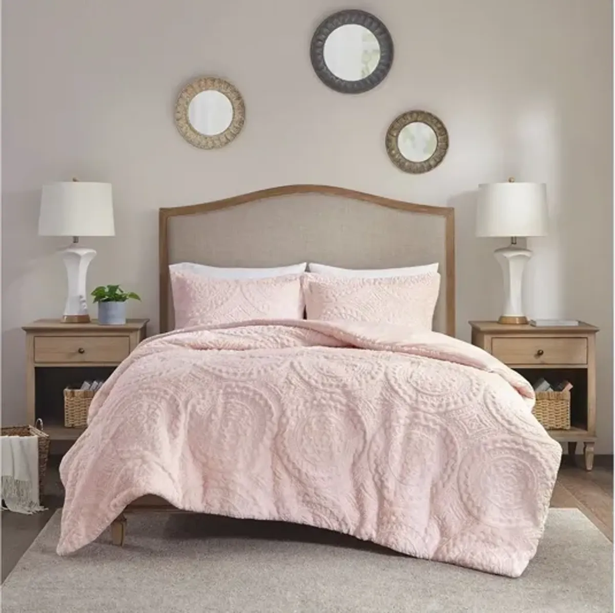 Arya Embroidered Medallion Faux Fur Blush Ultra Plush Twin Comforter Mini Set