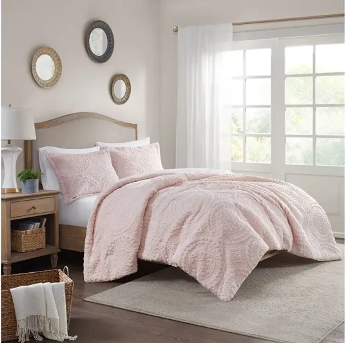 Arya Embroidered Medallion Faux Fur Blush Ultra Plush Twin Comforter Mini Set