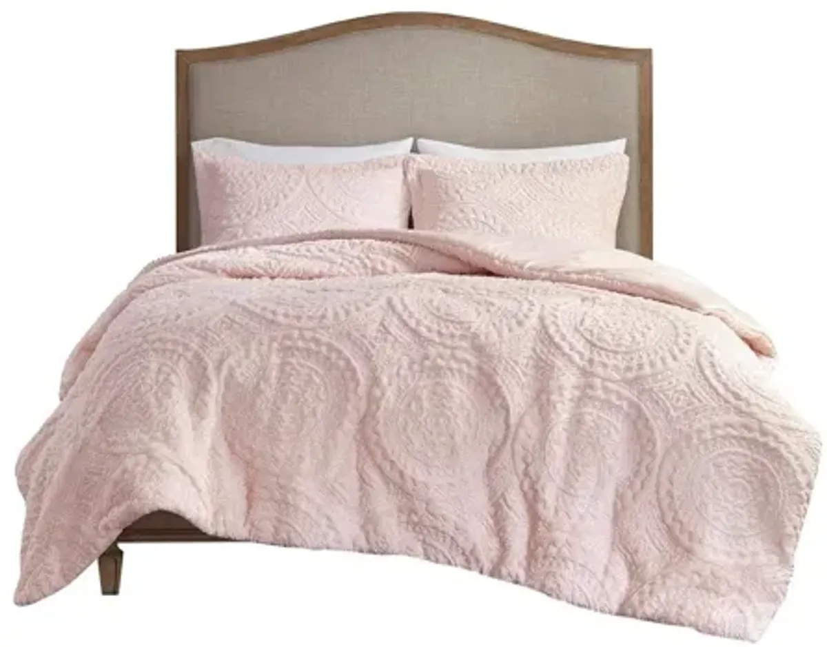 Arya Embroidered Medallion Faux Fur Blush Ultra Plush Twin Comforter Mini Set