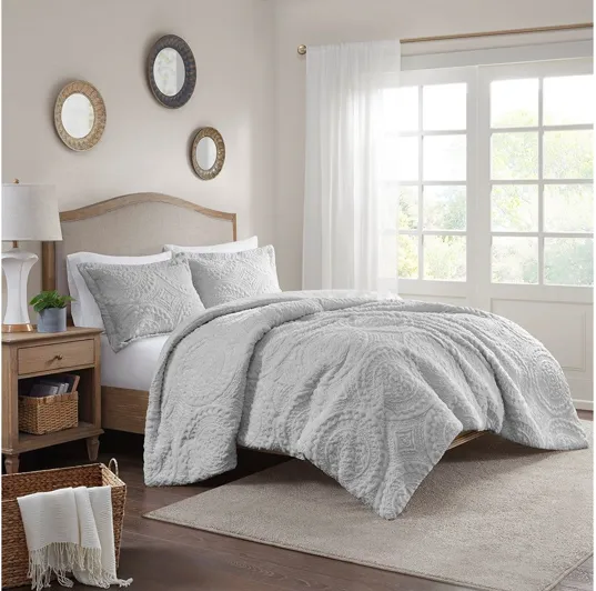 Arya Embroidered Medallion Faux Fur Grey Ultra Plush Twin Comforter Mini Set