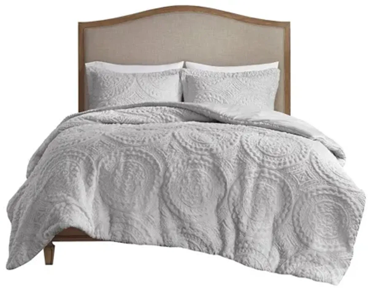 Arya Embroidered Medallion Faux Fur Grey Ultra Plush King/Cal King Comforter Mini Set